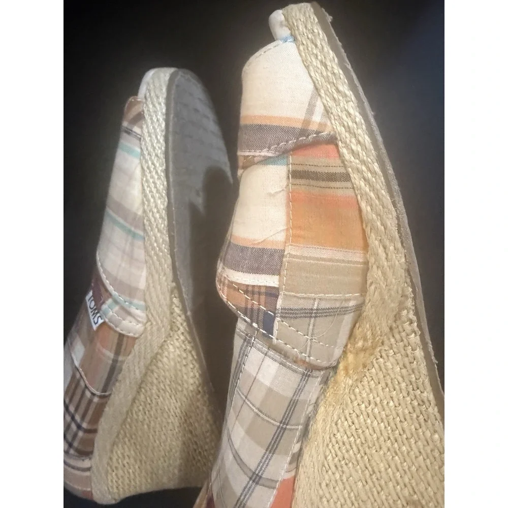 Toms Madras Plaid 10 Patchwork Espadrille Wedge Peep Toe Shoes boho
